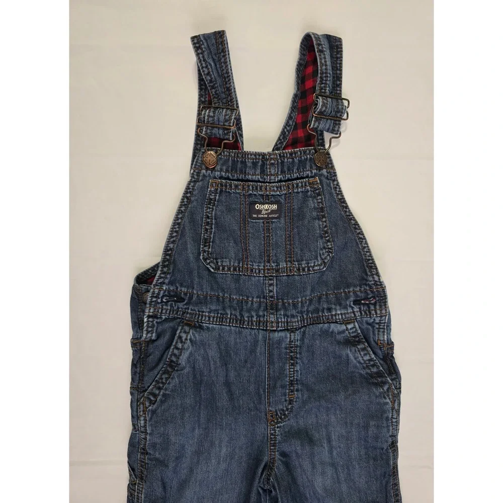 OshKosh Bgosh Boys 5T Flannel Lined Denim Overall BuffaloPlaid Blue Red 21602610